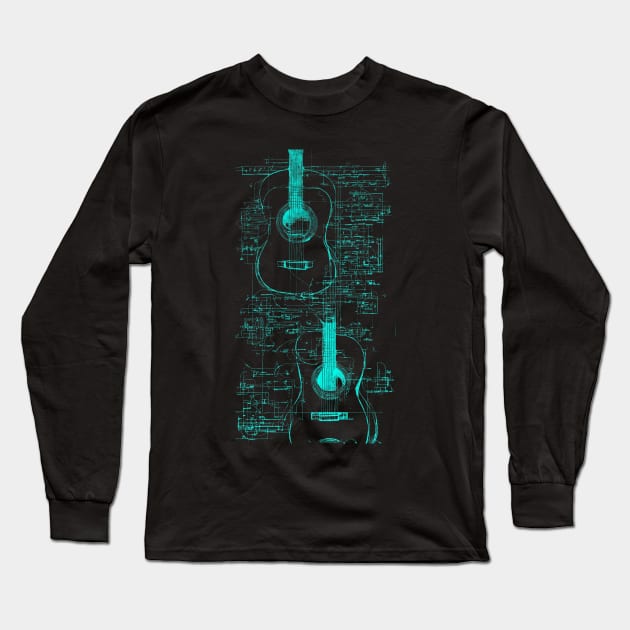 Teal Neon Acoustic Guitar Da Vinci blueprint Acoustic Guitar Long Sleeve T-Shirt by Trip Tank